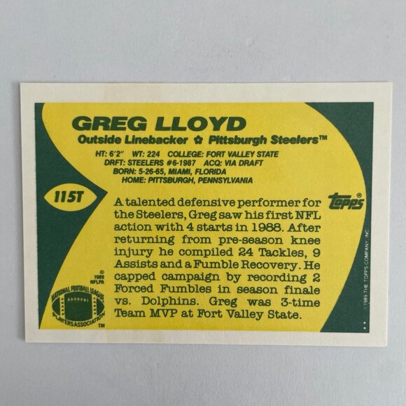 Greg Lloyd 1989 Topps Traded #115T Vintage Football Card Steelers - Picture 2 of 2